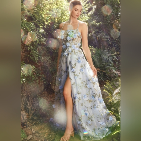 Pink,blue,blush, yellow floral long floor length a line lace up open back dress - Picture 6 of 10